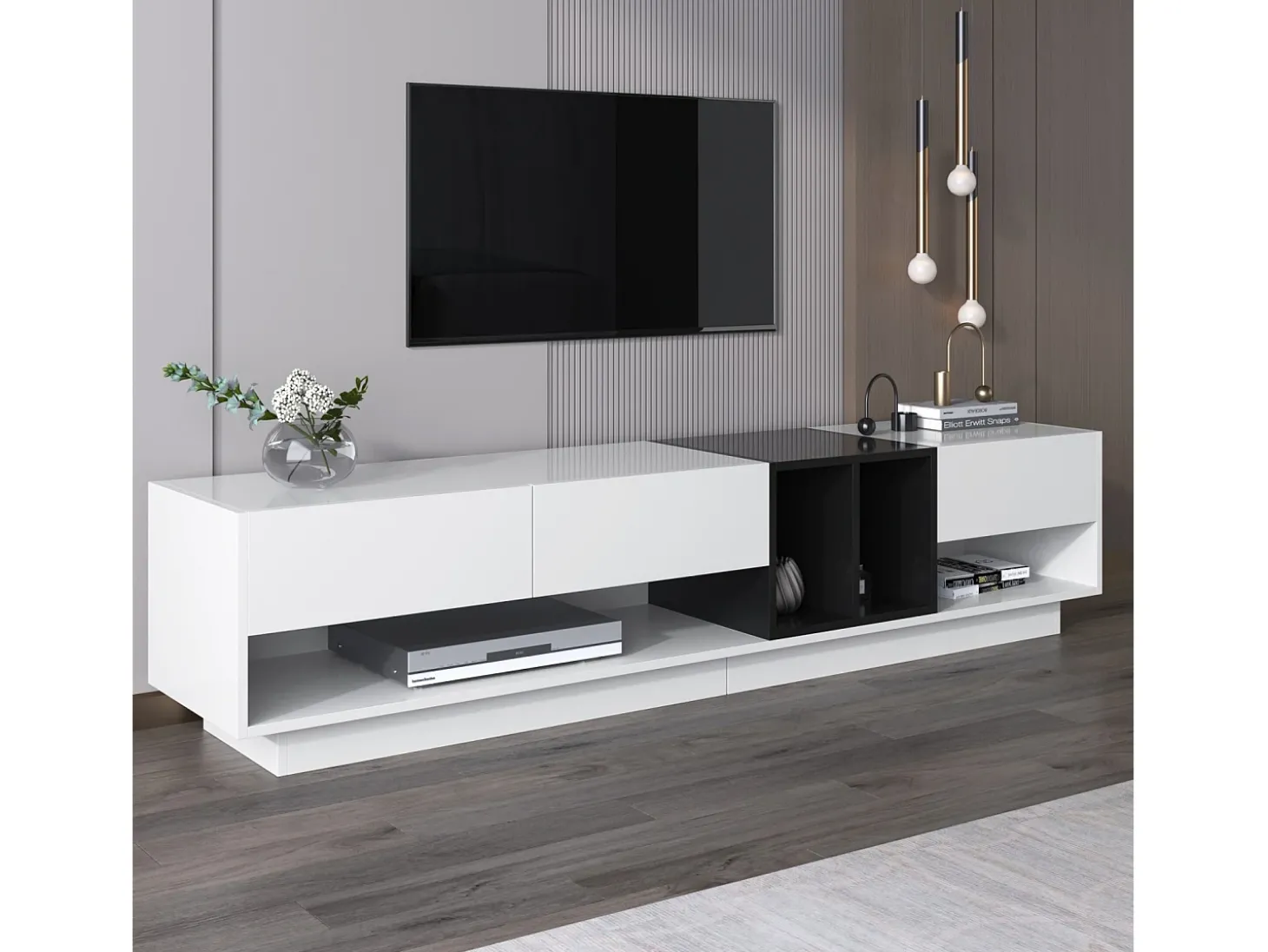Gabinete de TV com 3 gavetas e 4 nicho - Branco e Black - Placa de partículas - 190x34x40cm