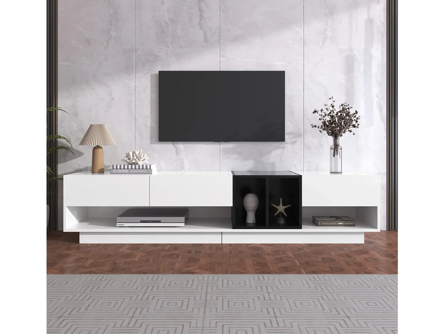 Gabinete de TV com 3 gavetas e 4 nicho - Branco e Black - Placa de partículas - 190x34x40cm