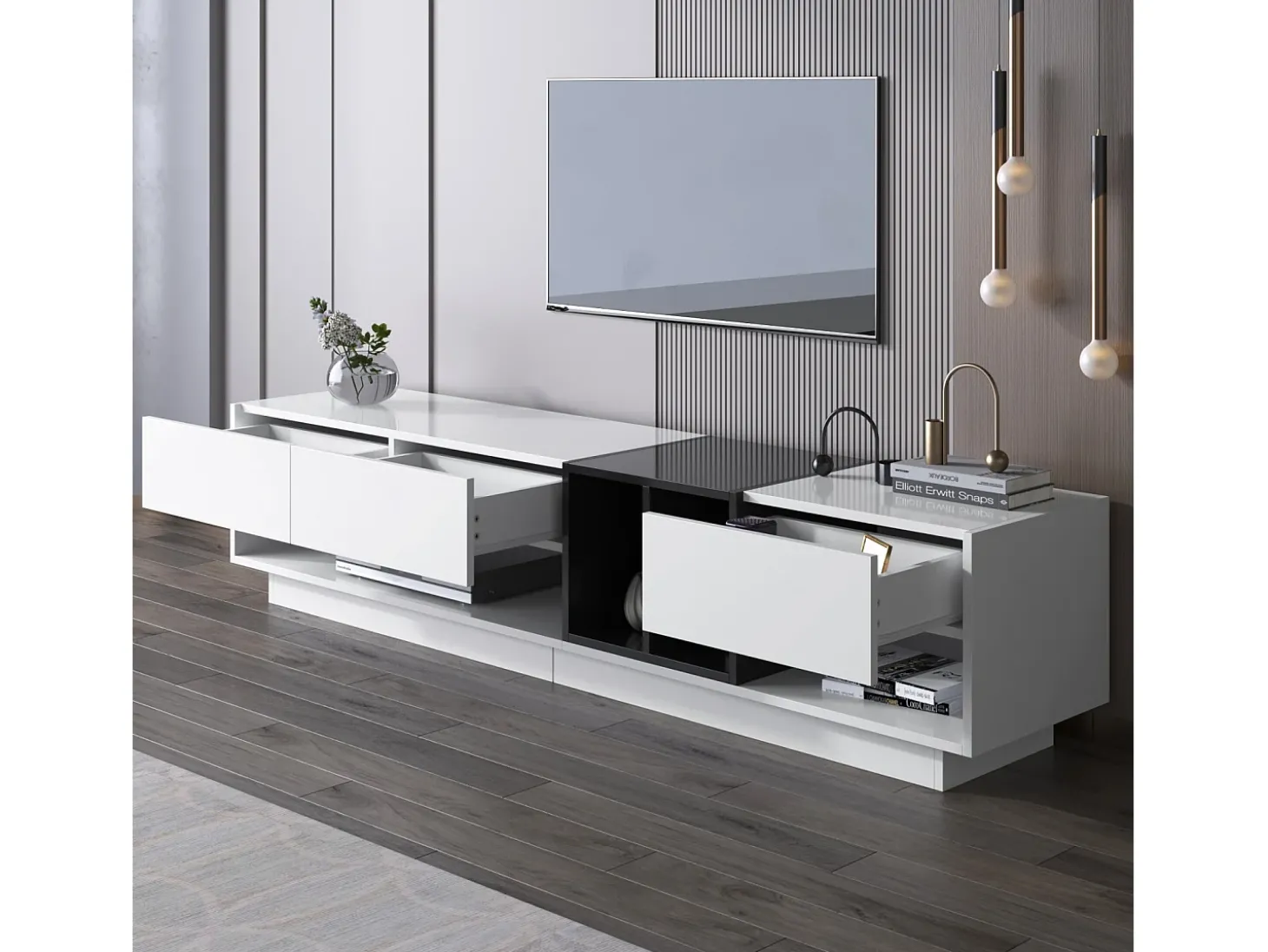 Gabinete de TV com 3 gavetas e 4 nicho - Branco e Black - Placa de partículas - 190x34x40cm