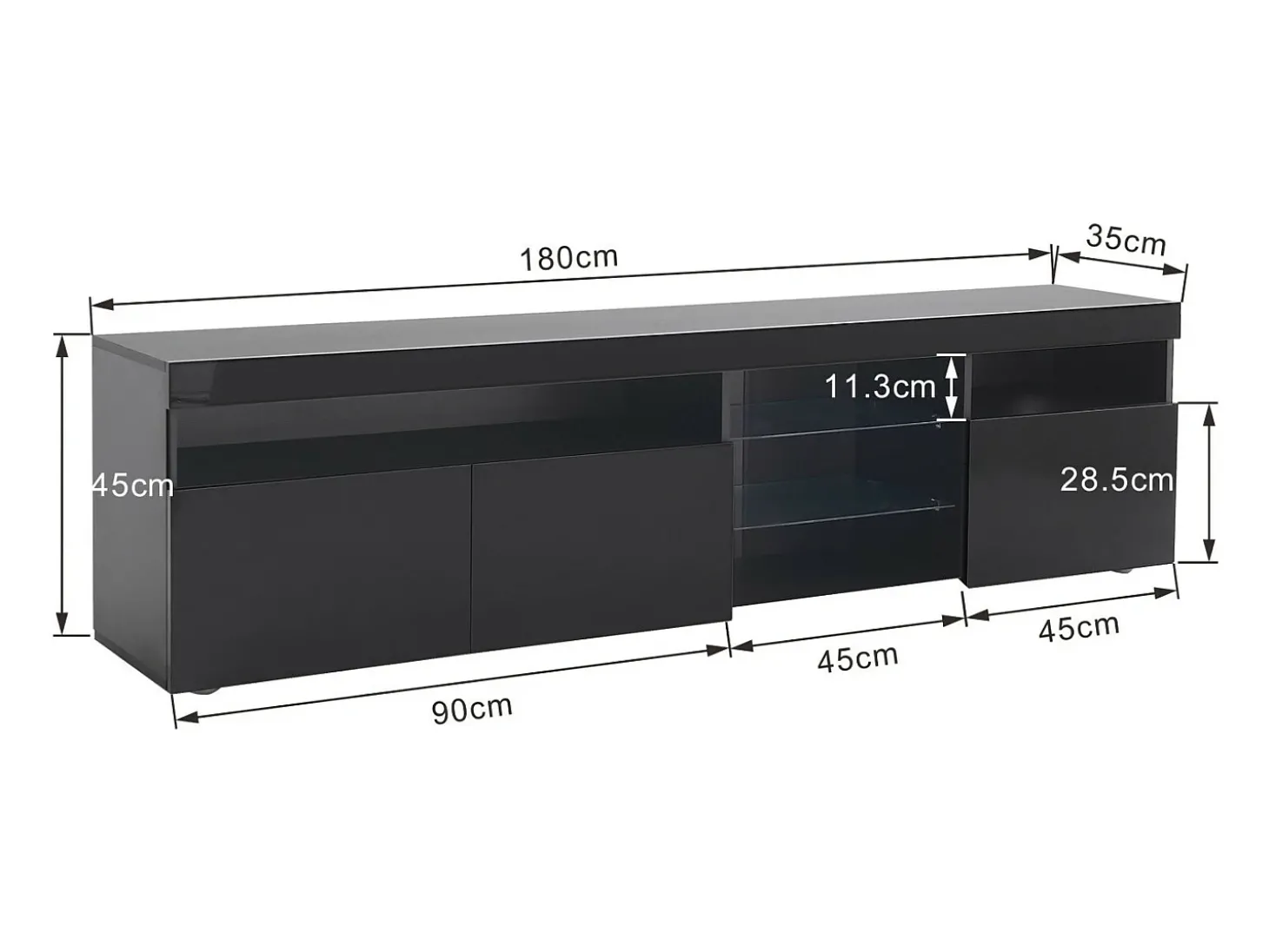 Gabinete de TV em MDF, com LED 4 modos 16 cores, 3 portas e 5 nicho, preto, 180x35x45cm