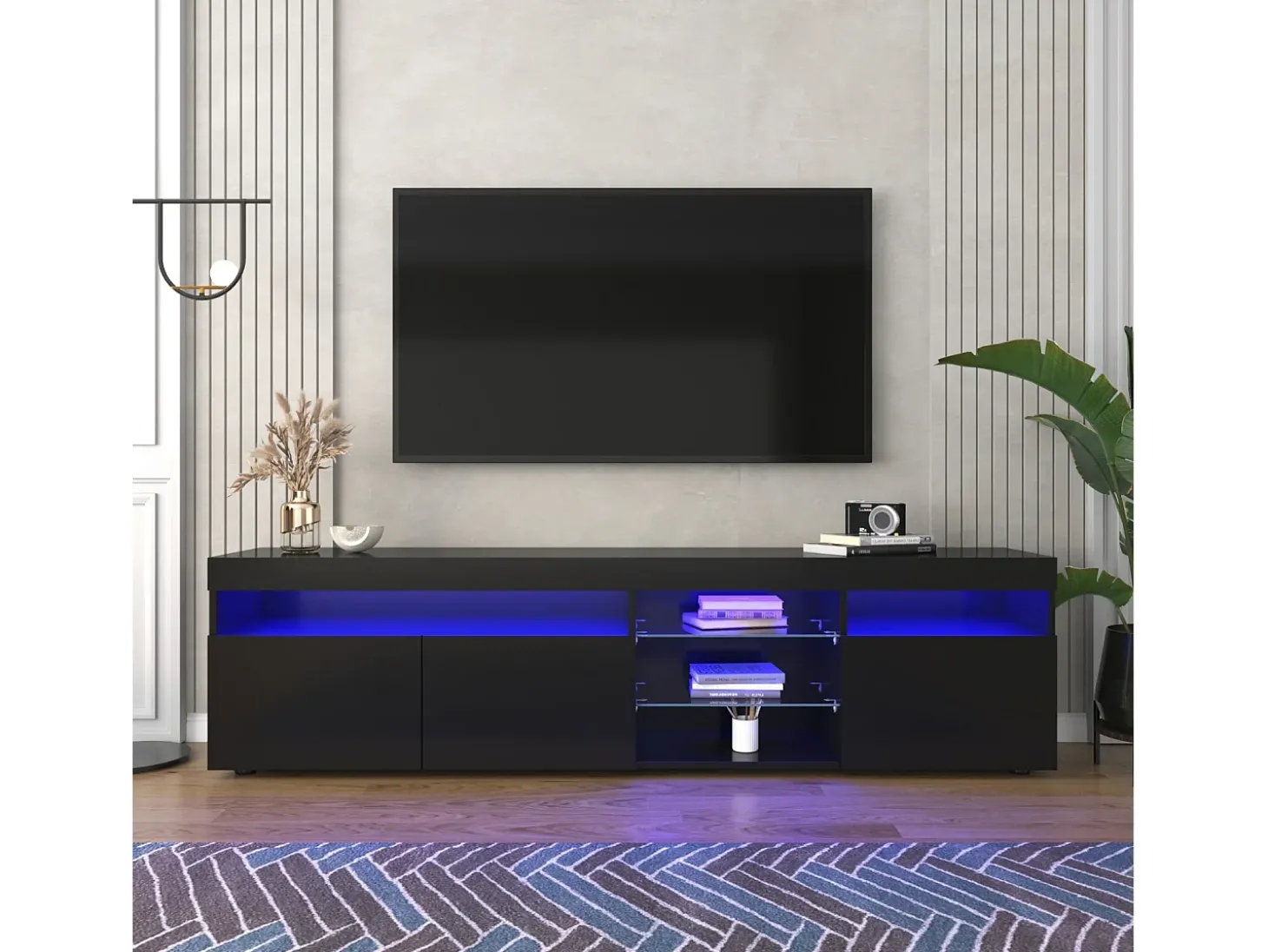 Gabinete de TV em MDF, com LED 4 modos 16 cores, 3 portas e 5 nicho, preto, 180x35x45cm