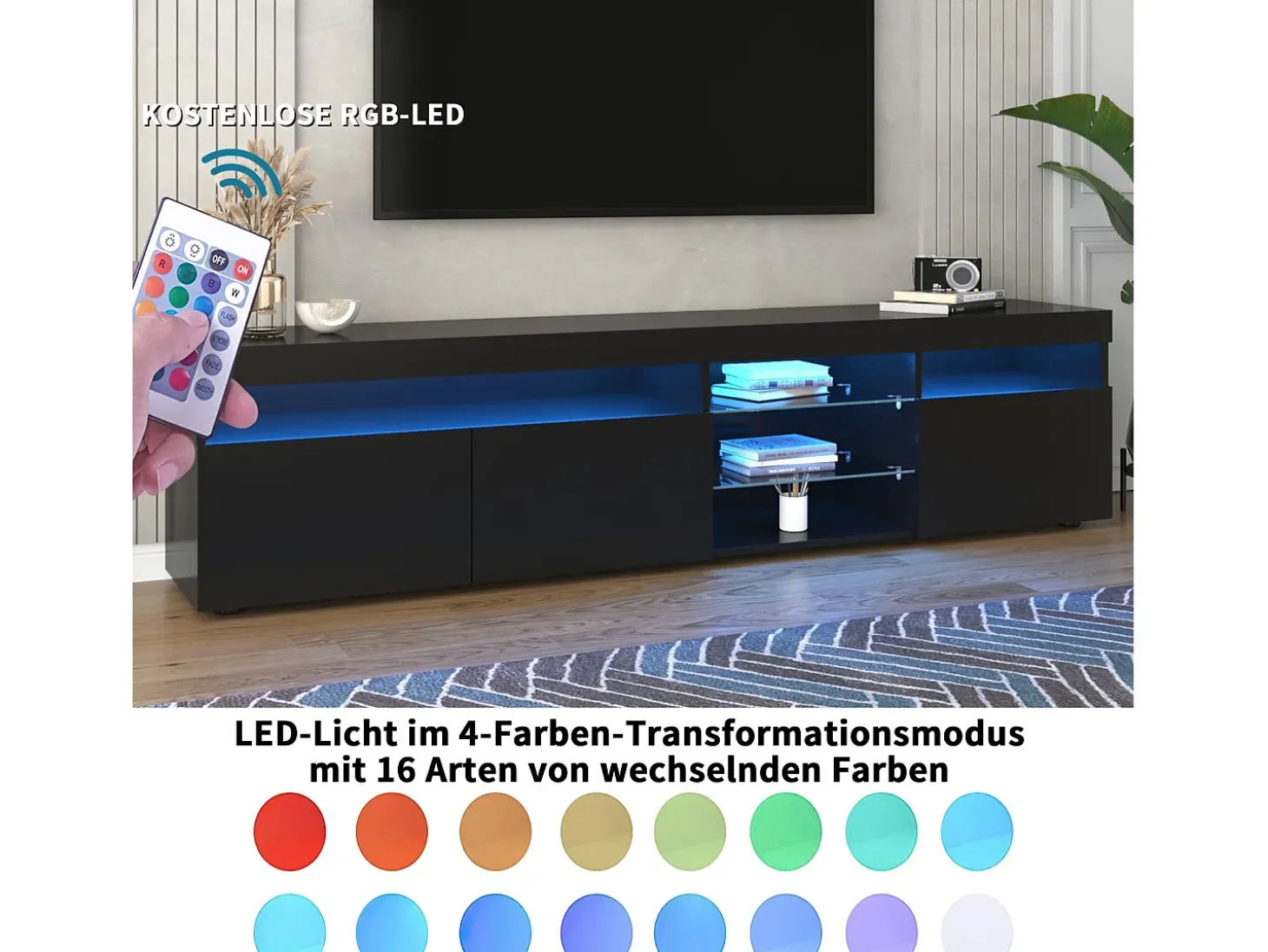 Gabinete de TV em MDF, com LED 4 modos 16 cores, 3 portas e 5 nicho, preto, 180x35x45cm