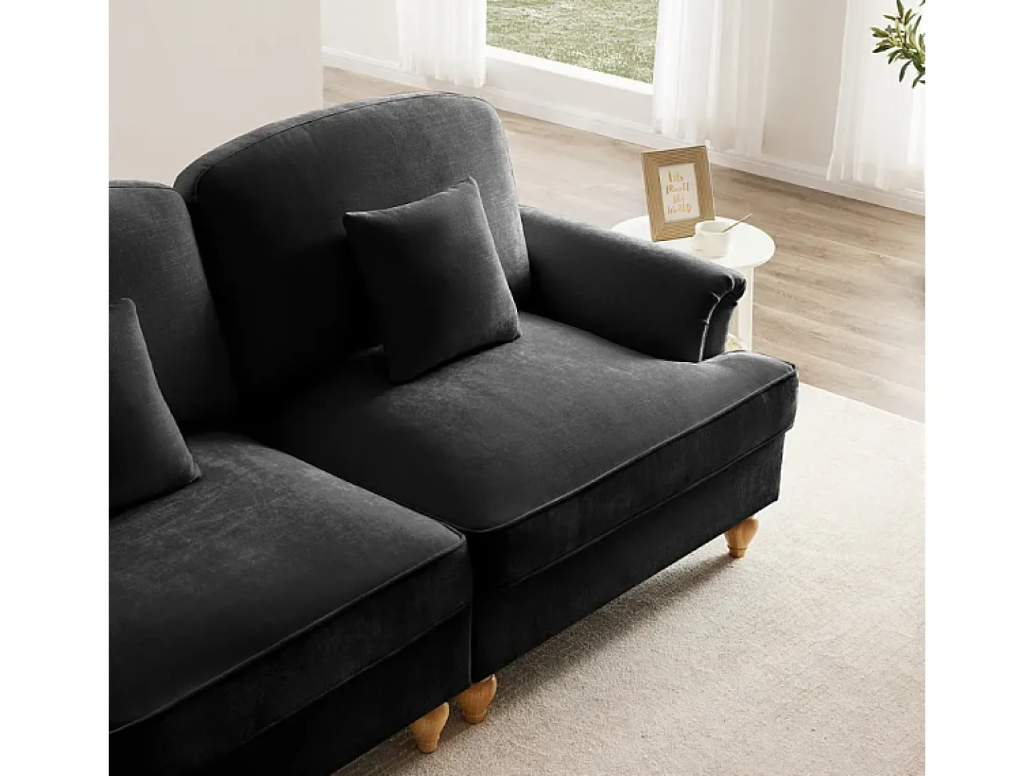 Grande Sofá 2 Lugares em Chenille - Capa Removível e 2 Almofadas - 194x83.5x93cm - Preto