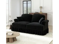 Grande Sofá 2 Lugares em Chenille - Capa Removível e 2 Almofadas - 194x83.5x93cm - Preto