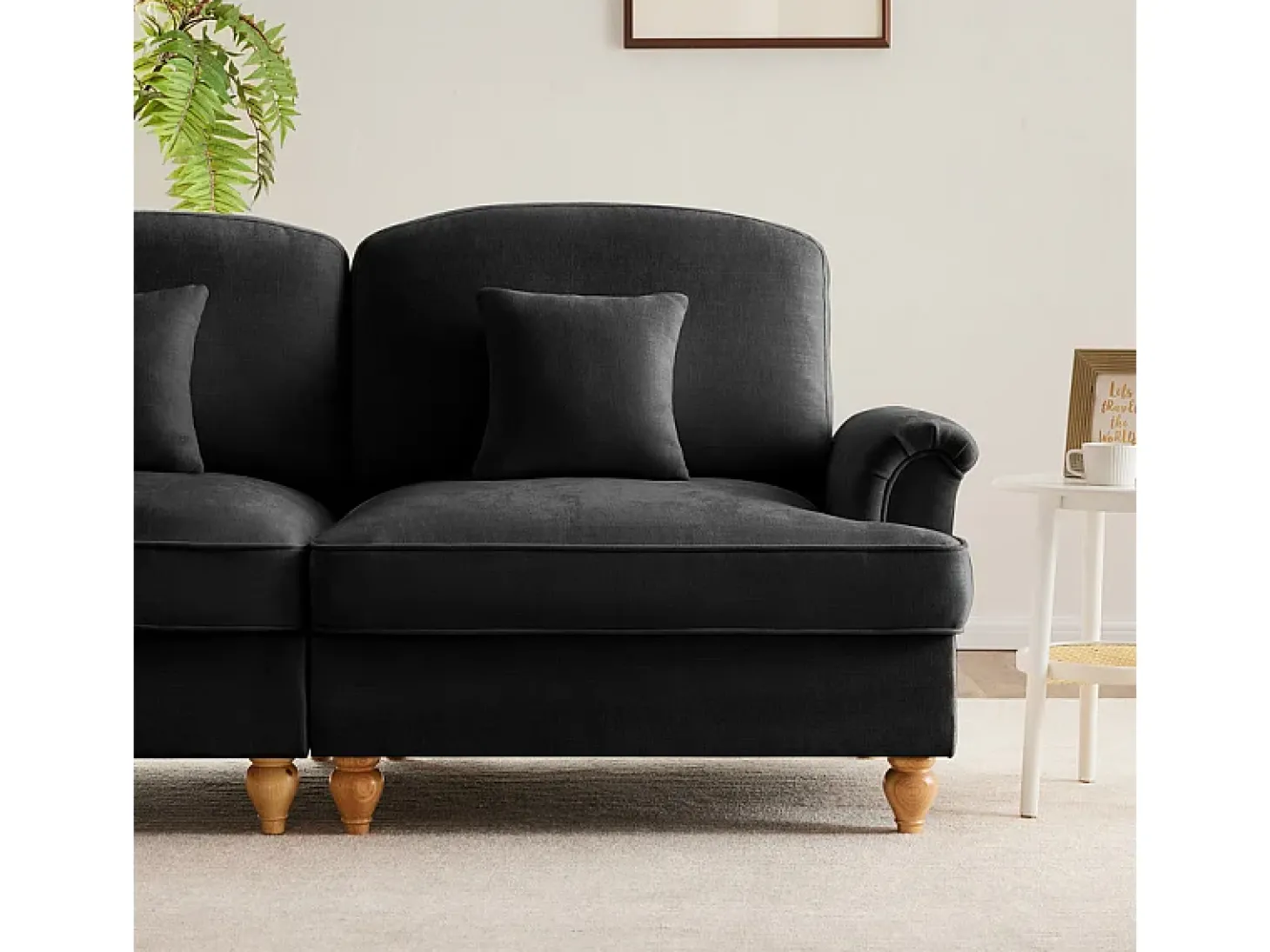 Grande Sofá 2 Lugares em Chenille - Capa Removível e 2 Almofadas - 194x83.5x93cm - Preto