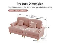 Grande Sofá 2 Lugares em Chenille - Capa Removível e 2 Almofadas - 194x83.5x93cm - Rosa