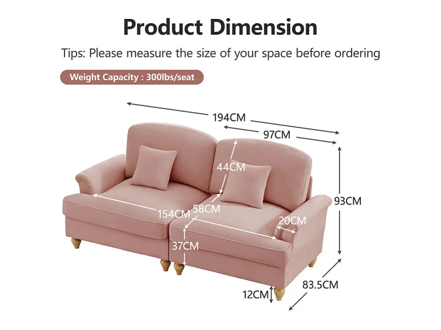 Grande Sofá 2 Lugares em Chenille - Capa Removível e 2 Almofadas - 194x83.5x93cm - Rosa