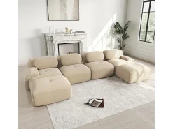 Grande sofá angular modular 388cm - de Veludo cotelê - com 4 almofadas e 2 puffs - ergonómico - Bege