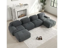 Grande sofá angular modular 388cm - de Veludo cotelê - com 4 almofadas e 2 puffs - ergonómico - Cinza