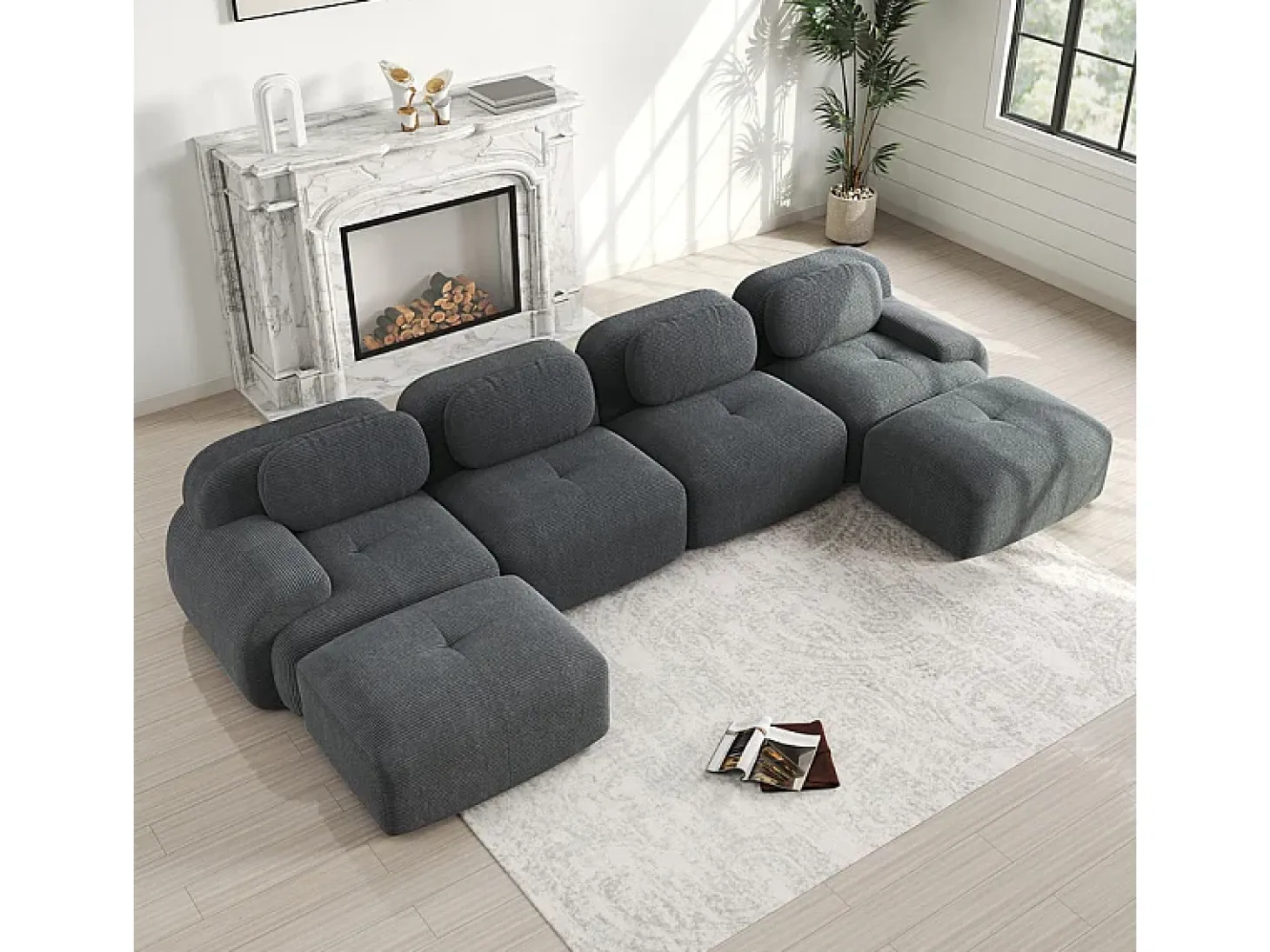 Grande sofá angular modular 388cm - de Veludo cotelê - com 4 almofadas e 2 puffs - ergonómico - Cinza