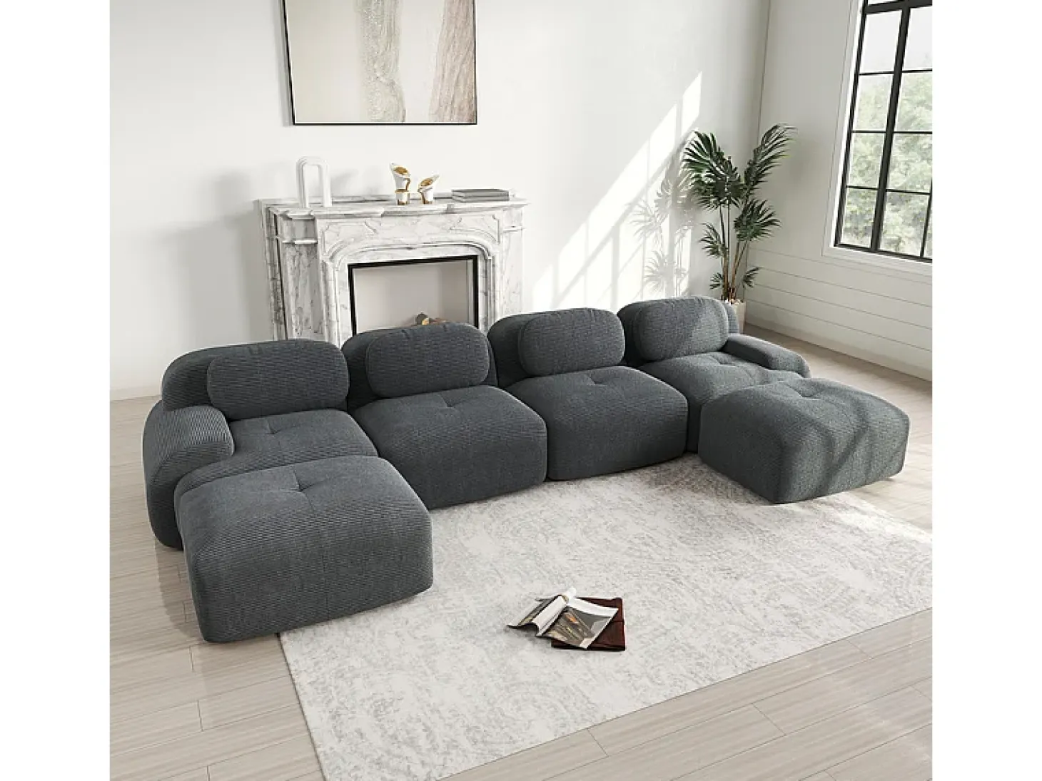Grande sofá angular modular 388cm - de Veludo cotelê - com 4 almofadas e 2 puffs - ergonómico - Cinza
