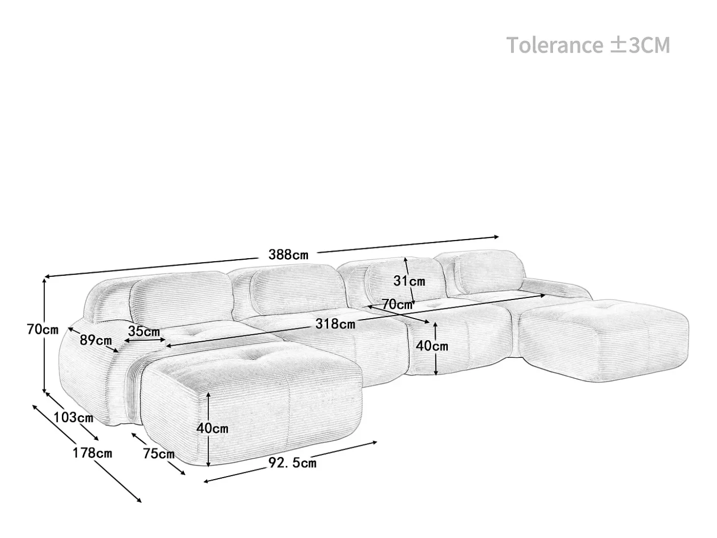 Grande sofá angular modular 388cm - de Veludo cotelê - com 4 almofadas e 2 puffs - ergonómico - Cinza
