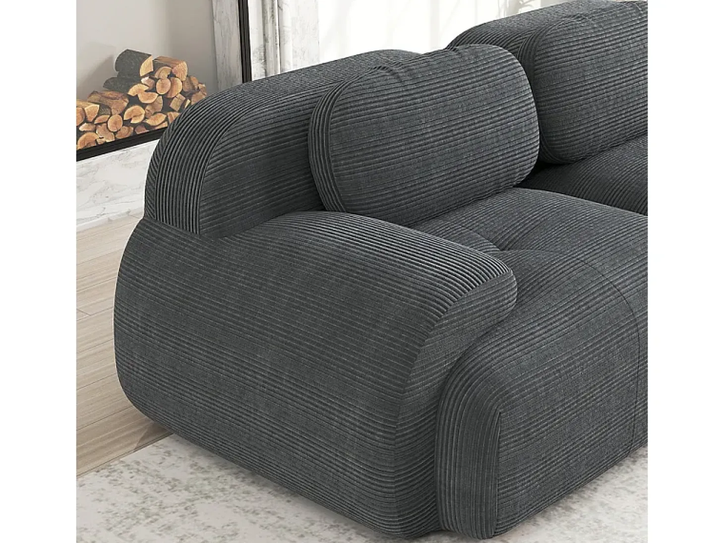 Grande sofá angular modular 388cm - de Veludo cotelê - com 4 almofadas e 2 puffs - ergonómico - Cinza