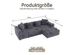 Grande sofá angular reto modular, de veludo cotelê, com 4 almofadas, montagem não necessária, 261x146x65cm, Cinza