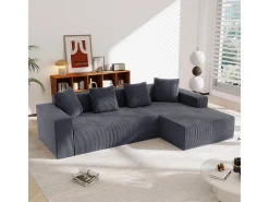 Grande sofá angular reto modular, de veludo cotelê, com 4 almofadas, montagem não necessária, 261x146x65cm, Cinza