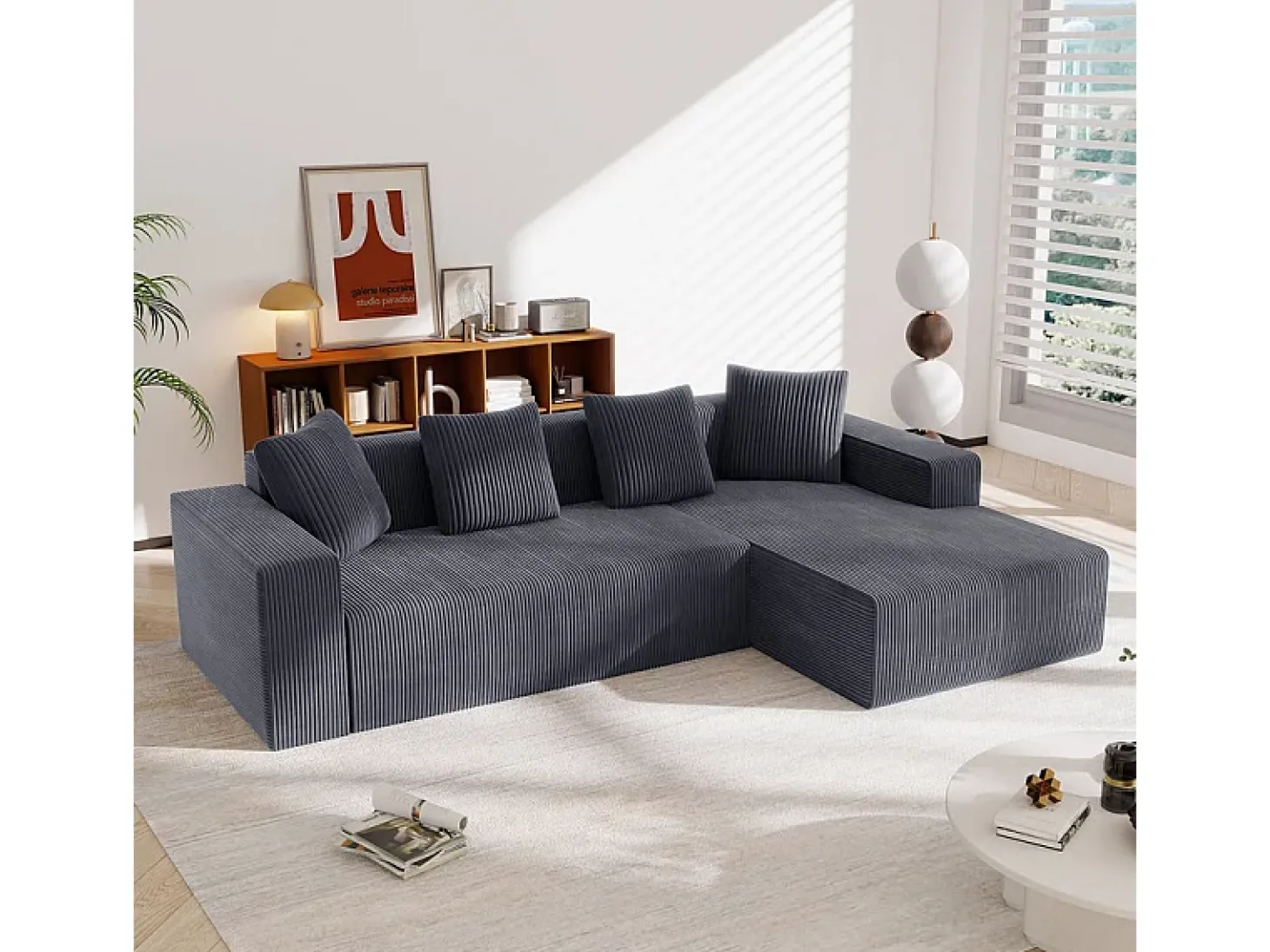 Grande sofá angular reto modular, de veludo cotelê, com 4 almofadas, montagem não necessária, 261x146x65cm, Cinza