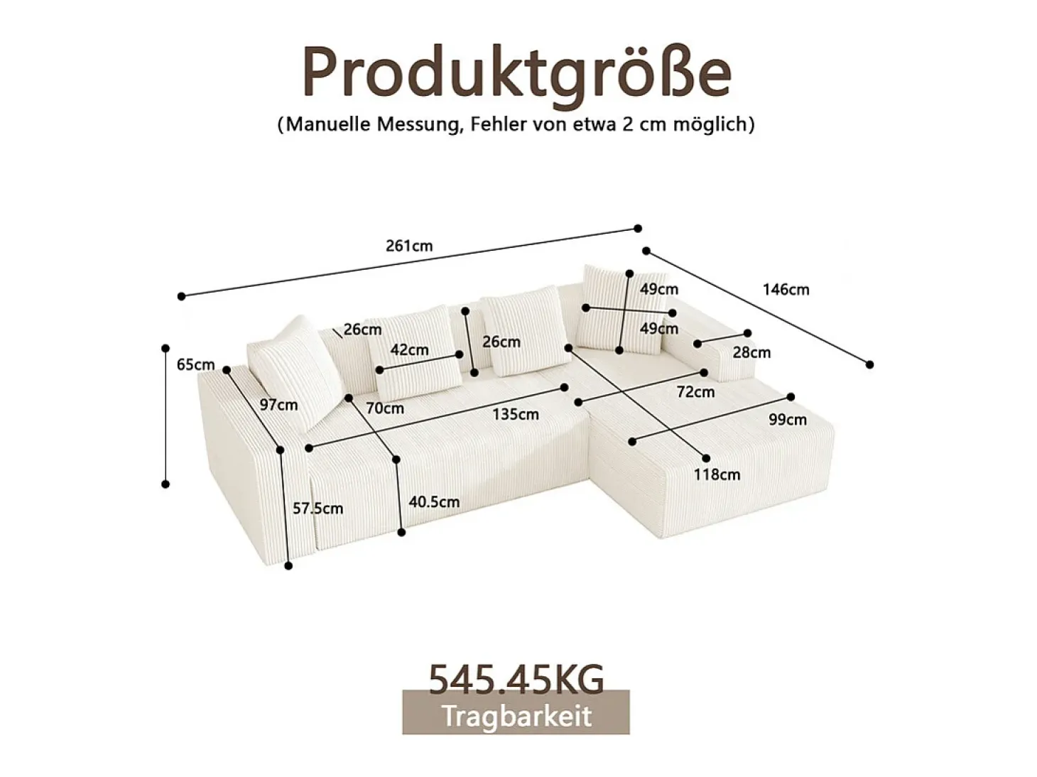 Grande sofá angular reto modular, de veludo cotelê, com 4 almofadas, montagem não necessária, 261x146x65cm, Branco