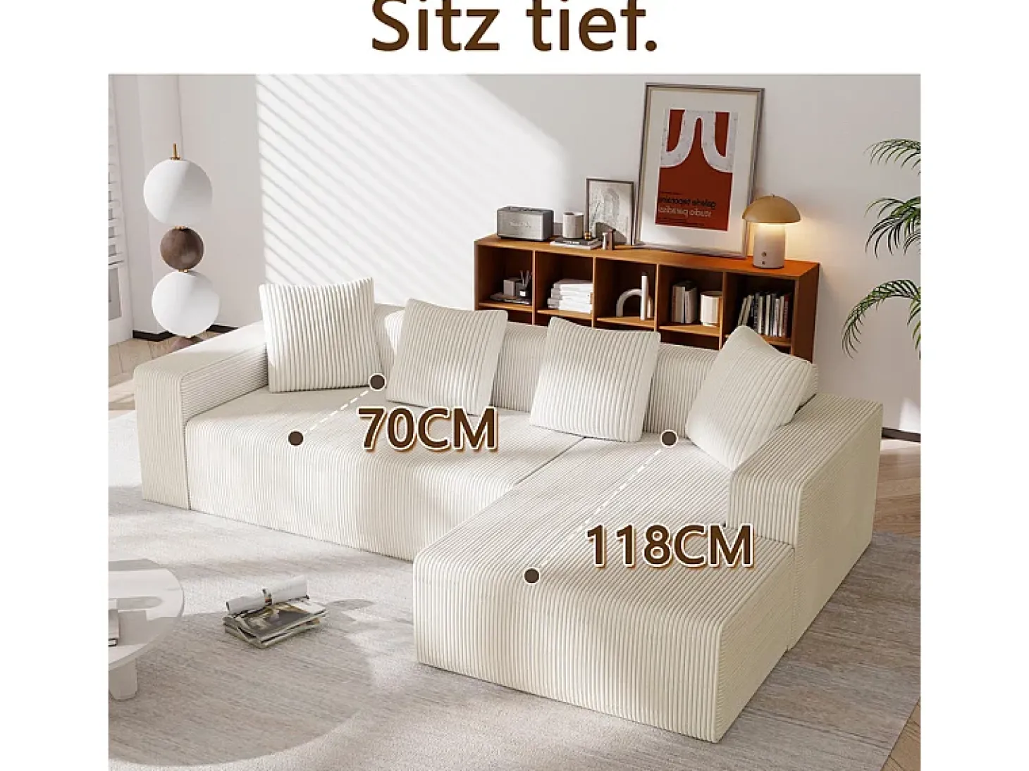 Grande sofá angular reto modular, de veludo cotelê, com 4 almofadas, montagem não necessária, 261x146x65cm, Branco