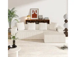 Grande sofá angular reto modular, de veludo cotelê, com 4 almofadas, montagem não necessária, 261x146x65cm, Branco