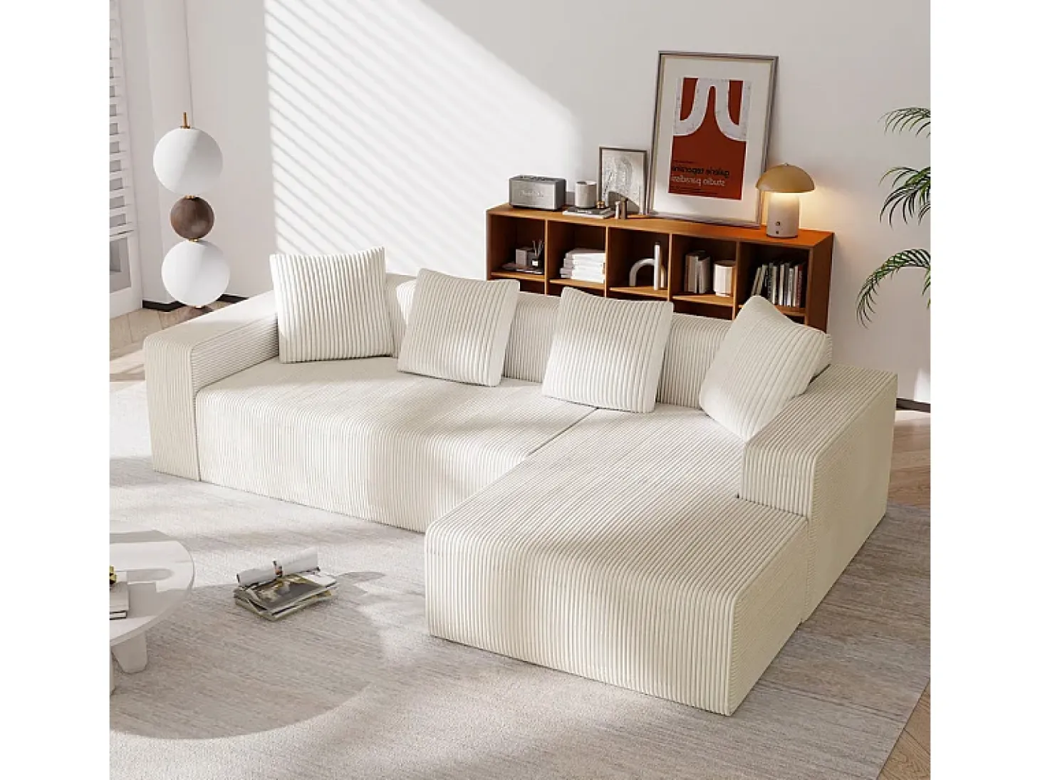 Grande sofá angular reto modular, de veludo cotelê, com 4 almofadas, montagem não necessária, 261x146x65cm, Branco