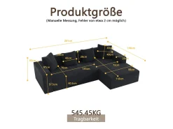 Grande sofá angular reto modular, de veludo cotelê, com 4 almofadas, montagem não necessária, 261x146x65cm, Preto