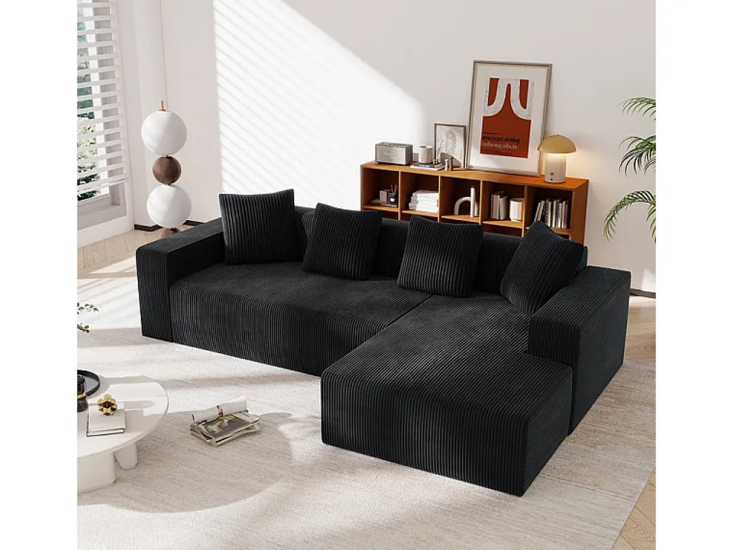 Grande sofá angular reto modular, de veludo cotelê, com 4 almofadas, montagem não necessária, 261x146x65cm, Preto