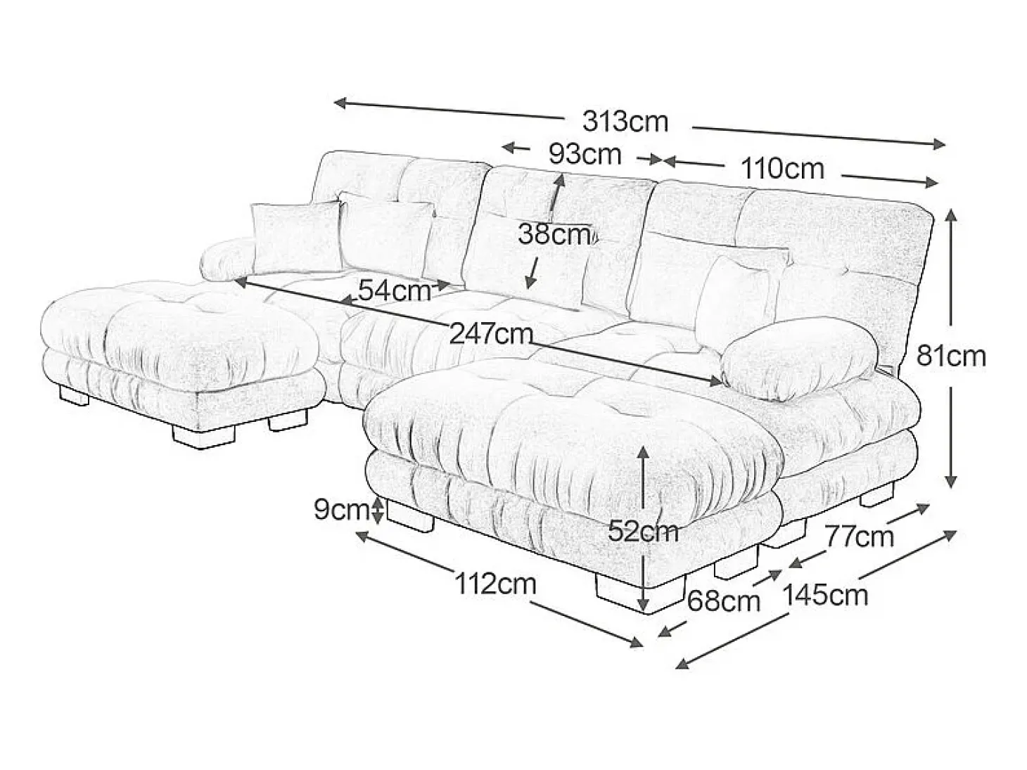Grande sofá canto modular - 3 lugares - com 2 puff e 5 almofadas - tecido pelúcia bege - 313x145x81cm