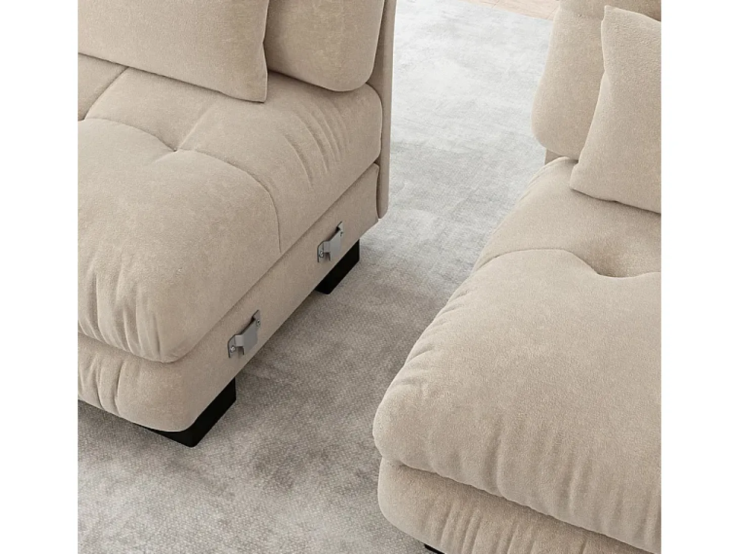 Grande sofá canto modular - 3 lugares - com 2 puff e 5 almofadas - tecido pelúcia bege - 313x145x81cm