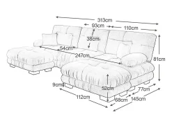 Grande sofá canto modular - 3 lugares - com 2 puff e 5 almofadas - tecido pelúcia rosa - 313x145x81cm