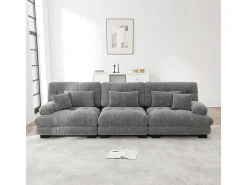Grande sofá cinza - 3 lugares - com 5 almofadas - estrutura madeira maciça - Pelúcia - 313x77x81cm