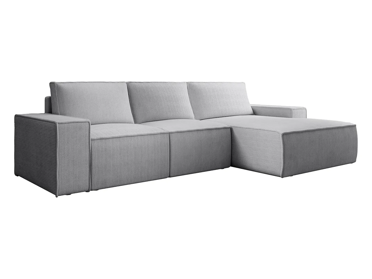 Grande sofá de canto direito convertível em veludo canelado cinza claro AMELIA