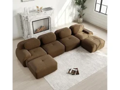 Grande sofá de canto modular 388cm - em Veludo cotelê - com 4 almofadas e 2 puffs - ergonômico - Marrom