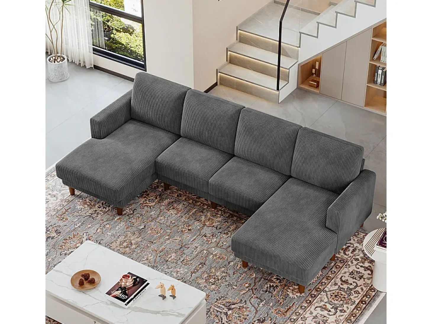 Grande sofá de canto panorâmico - 4 lugares - chaise longue 109cm - de veludo cotelê - 269x140x86 - Cinza