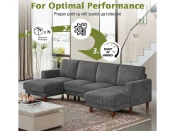 Grande sofá de canto panorâmico - 4 lugares - chaise longue 109cm - de veludo cotelê - 269x140x86 - Cinza