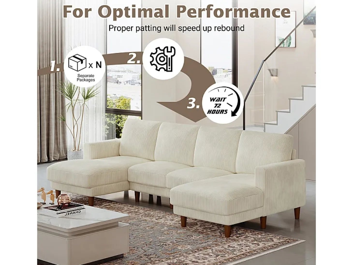 Grande sofá de canto panorâmico - 4 lugares - chaise longue 109cm - de veludo cotelê - 269x140x86 - Bege