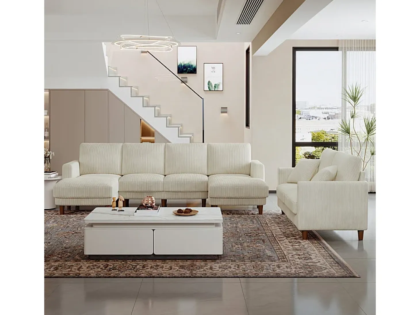 Grande sofá de canto panorâmico - 4 lugares - chaise longue 109cm - de veludo cotelê - 269x140x86 - Bege