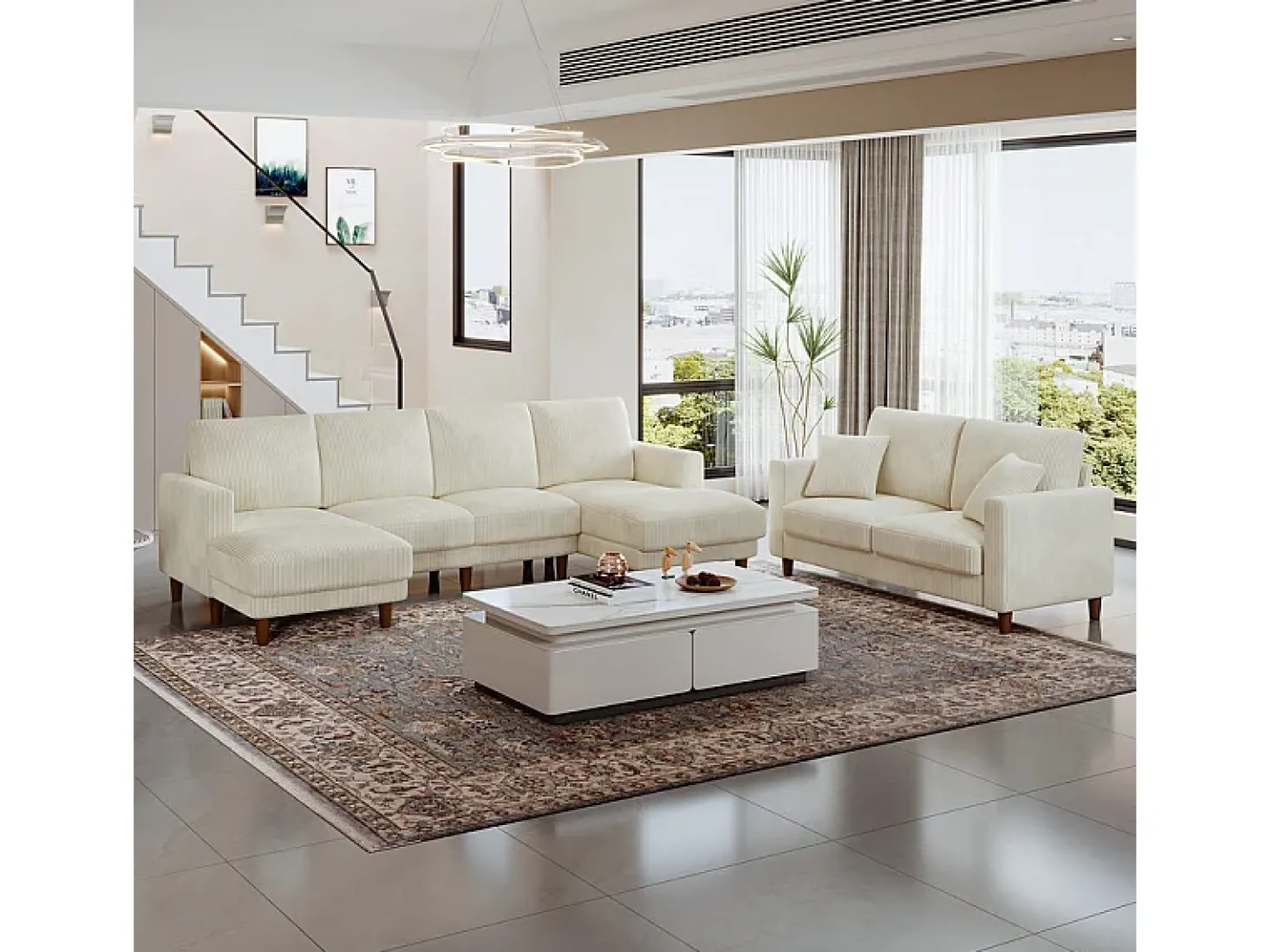 Grande sofá de canto panorâmico - 4 lugares - chaise longue 109cm - de veludo cotelê - 269x140x86 - Bege
