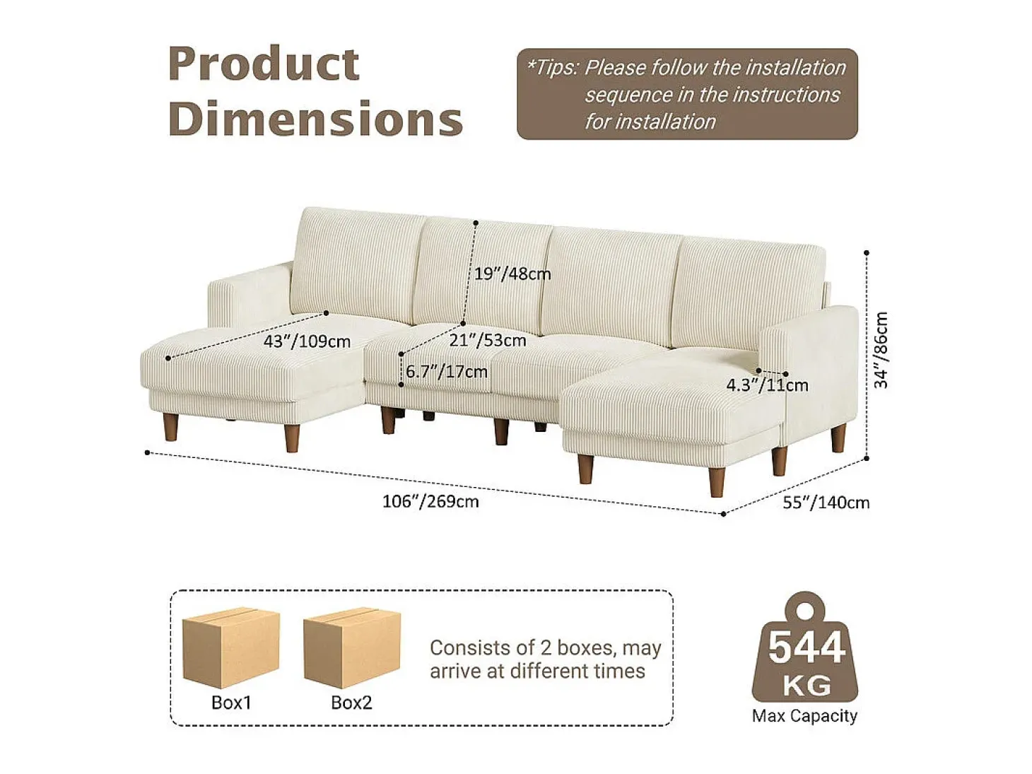 Grande sofá de canto panorâmico - 4 lugares - chaise longue 109cm - de veludo cotelê - 269x140x86 - Bege