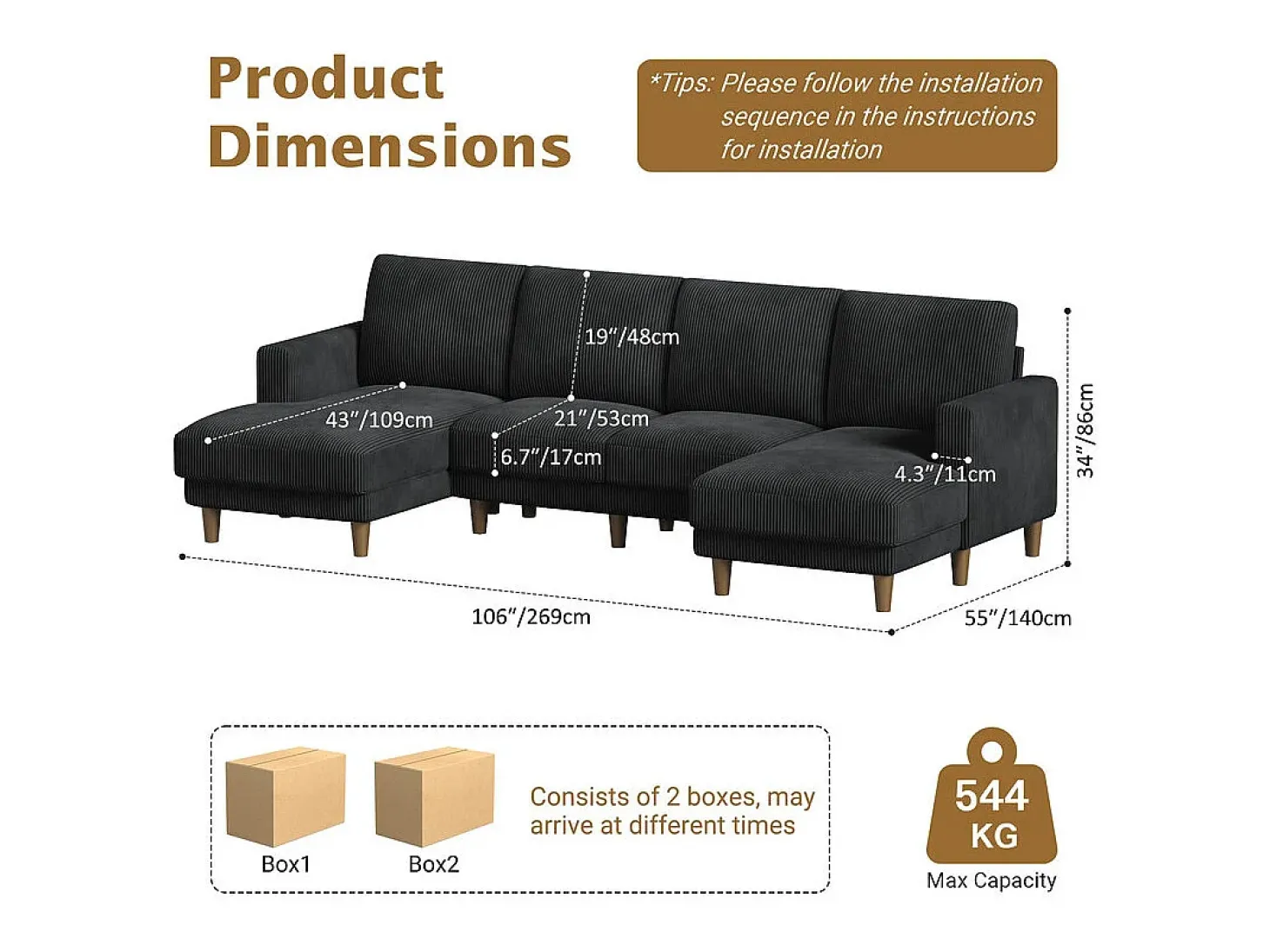Grande sofá de canto panorâmico - 4 lugares - chaise longue 109cm - de veludo cotelê - 269x140x86 - Preto