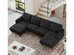 Grande sofá de canto panorâmico - 4 lugares - chaise longue 109cm - de veludo cotelê - 269x140x86 - Preto