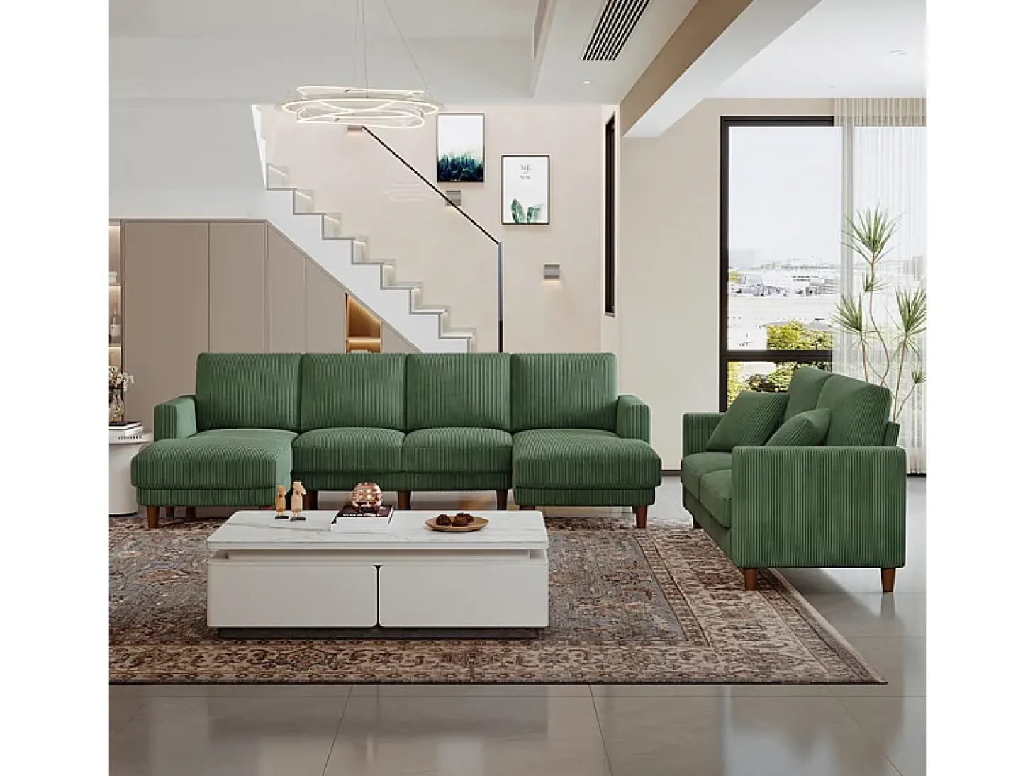 Grande sofá de canto panorâmico - 4 lugares - chaise longue 109cm - de veludo cotelê - 269x140x86 - Verde