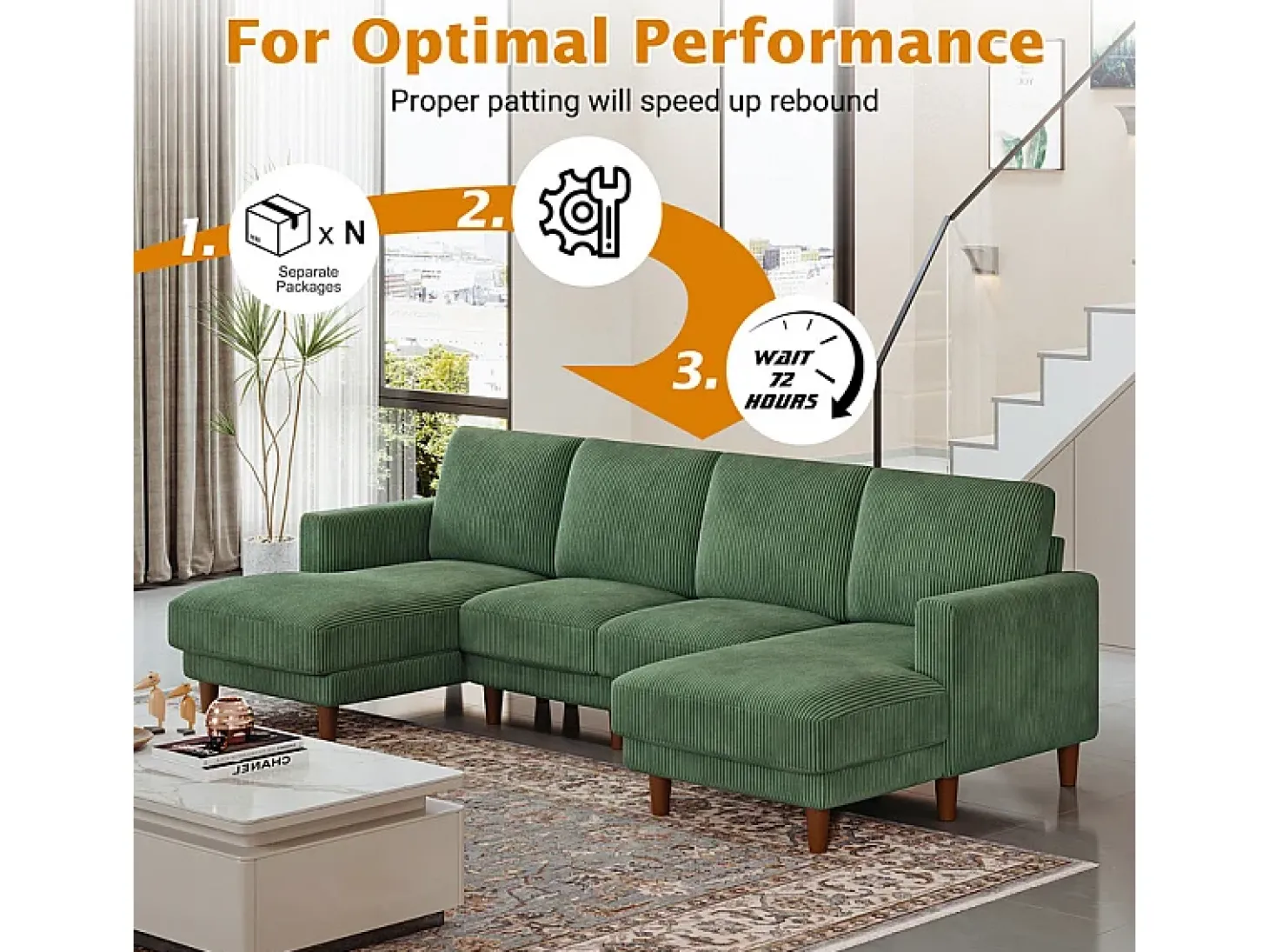 Grande sofá de canto panorâmico - 4 lugares - chaise longue 109cm - de veludo cotelê - 269x140x86 - Verde