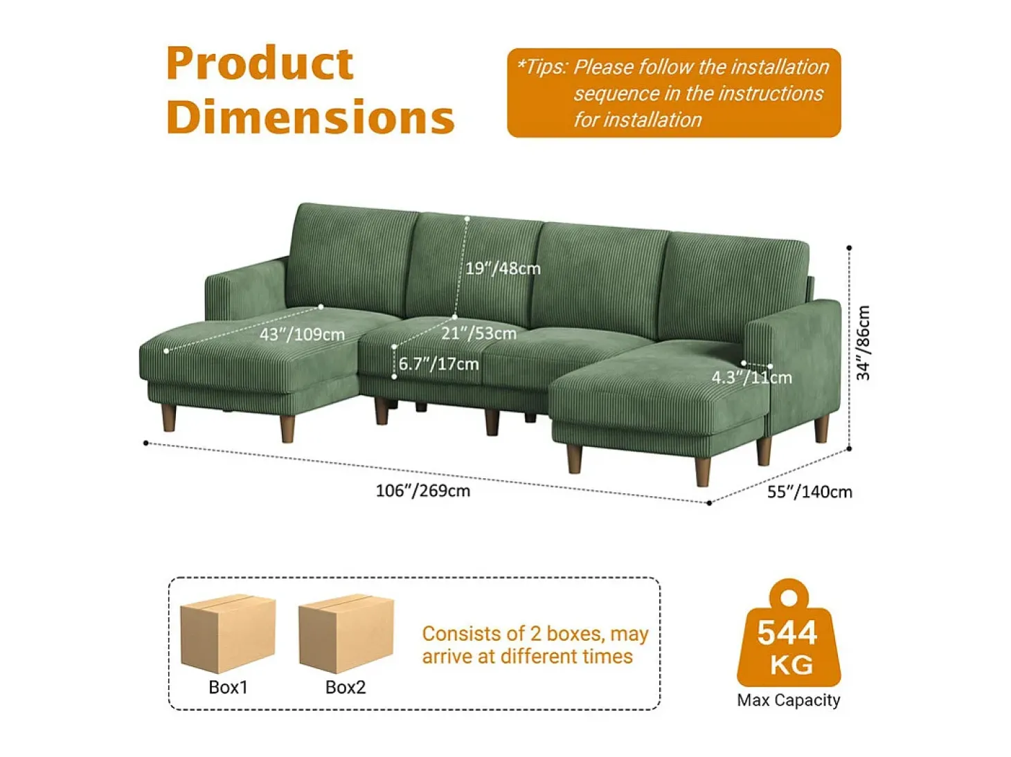 Grande sofá de canto panorâmico - 4 lugares - chaise longue 109cm - de veludo cotelê - 269x140x86 - Verde
