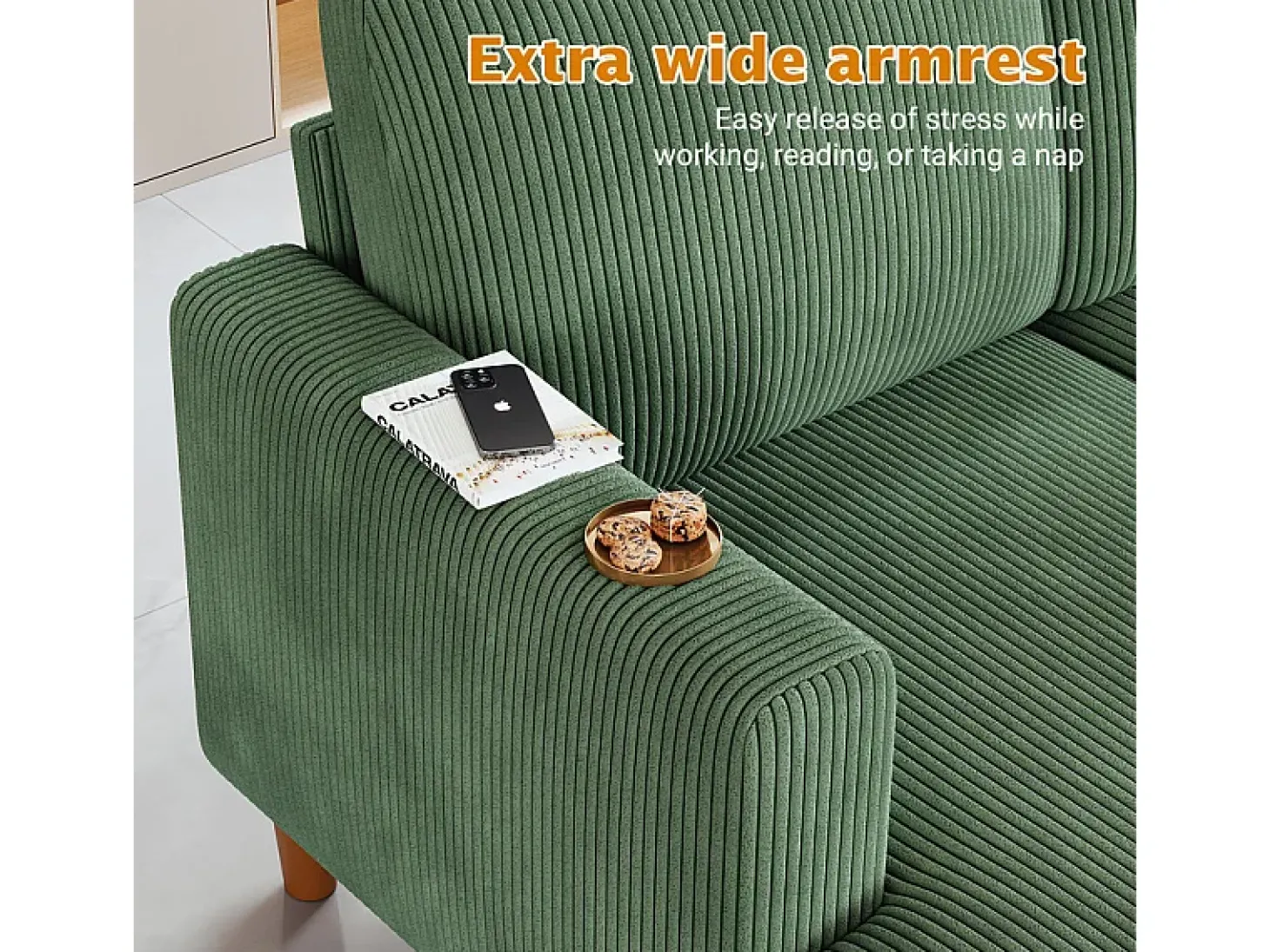 Grande sofá de canto panorâmico - 4 lugares - chaise longue 109cm - de veludo cotelê - 269x140x86 - Verde