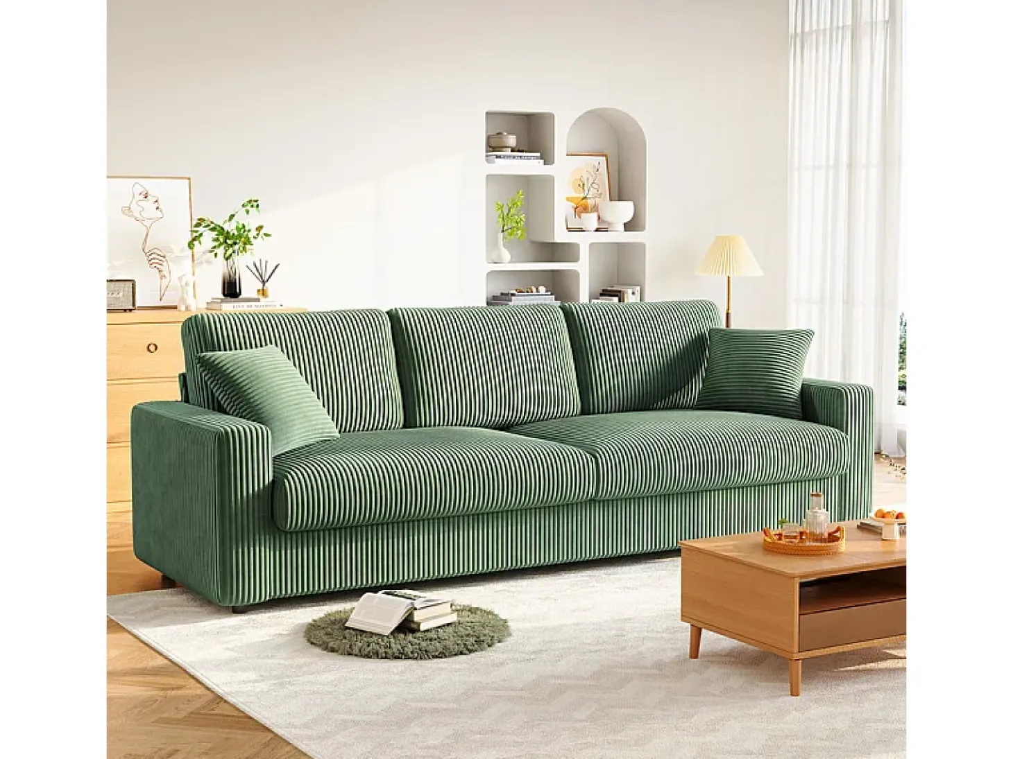Grande sofá em veludo canelado com 2 almofadas - Verde - 256 x 89 x 88 cm