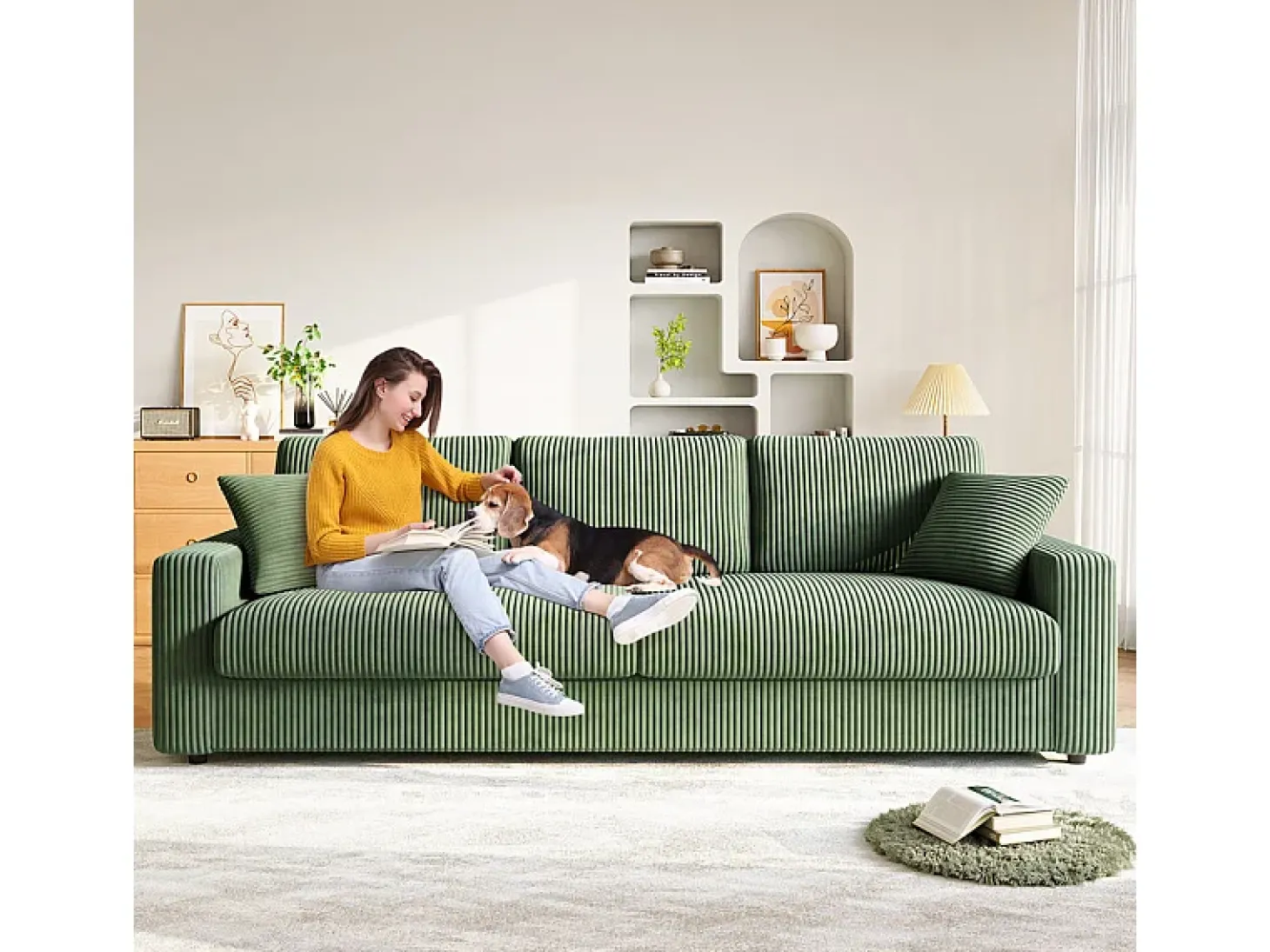 Grande sofá em veludo canelado com 2 almofadas - Verde - 256 x 89 x 88 cm