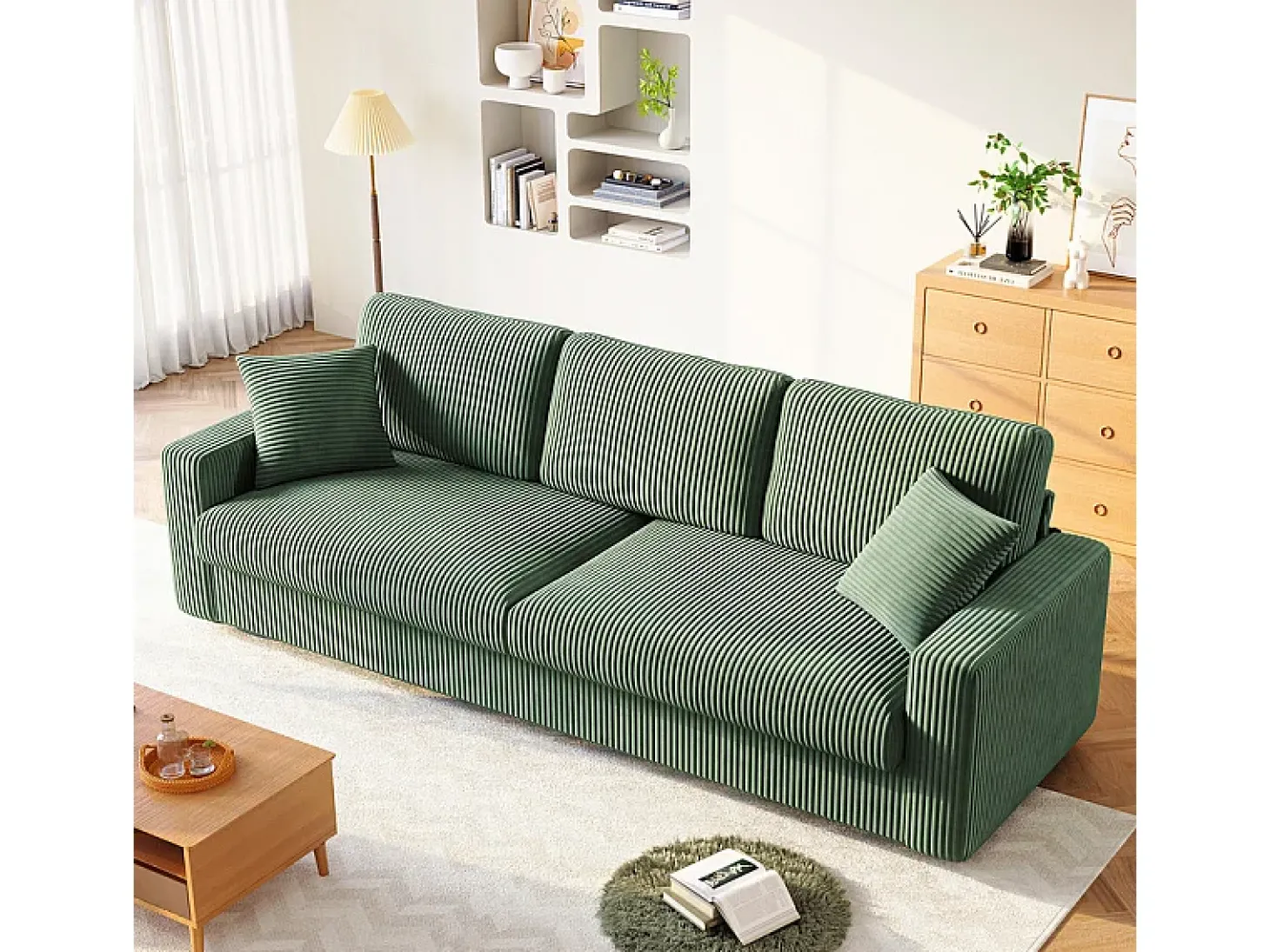 Grande sofá em veludo canelado com 2 almofadas - Verde - 256 x 89 x 88 cm