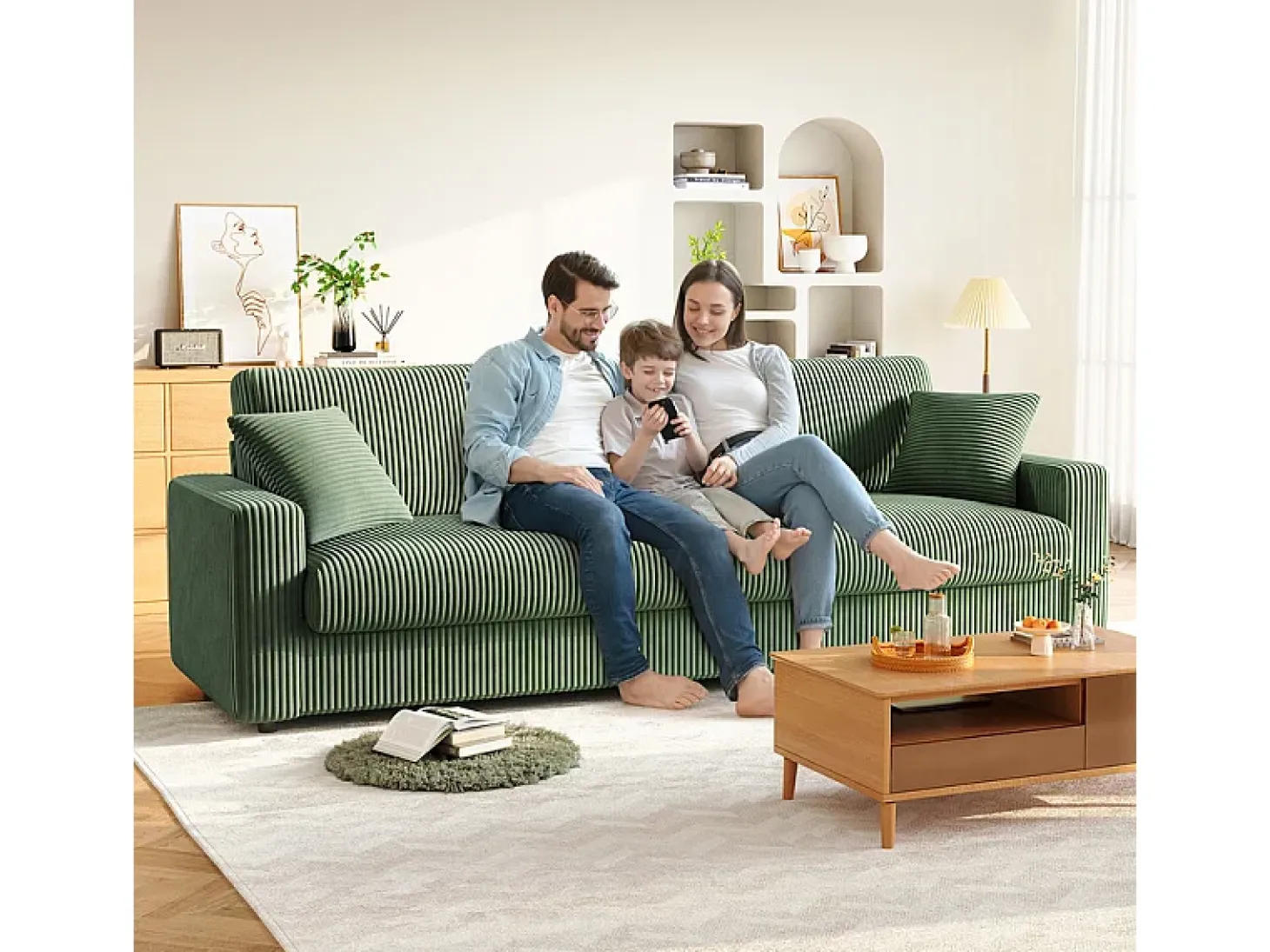 Grande sofá em veludo canelado com 2 almofadas - Verde - 256 x 89 x 88 cm
