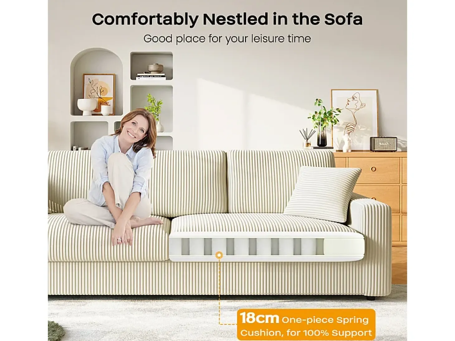 Grande sofá em veludo canelado com 2 almofadas - Bege - 256 x 89 x 88 cm