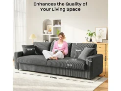 Grande sofá em veludo canelado com 2 almofadas - Cinza - 256 x 89 x 88 cm